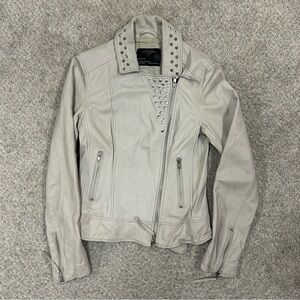 All Saints Studded Gray Leather Jacket Moto Full Zip Women’s Size 10